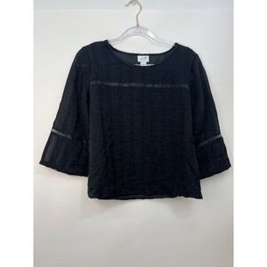 Jaclyn Smith Elegant Black Short Sleeve Round Neck Top Sheer Sleeves Women Sz M